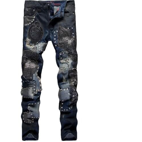 New Mens male fashion casual owl embroidery slim straight jeans Fashion rivet patchwork denim pants trousers
