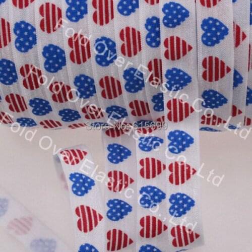 July Fourth 5/8" FOE ribbon , #029 white,Red & Blue heart Printed Fold Over Elastic, 100 YARDS/LOT, Free Shipping