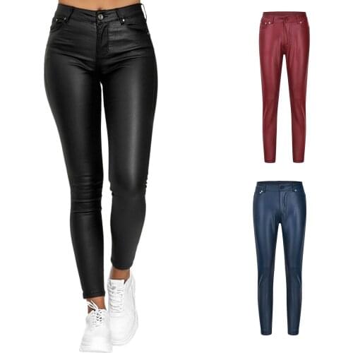 Leggings womens PU leather pants are fashionable and versatile, solid color tight high waist close fitting trouser belt pocket
