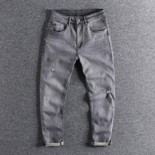 2021 new Heavyweight smoky grey jeans mens knitting comfortable slim fit youth pants scraped holes trouser for promotion 0962