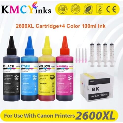KMCYinks 4 Color Refillable Ink Kit+ PGI2600 XL Compatible Ink Cartridge For Canon MAXIFY IB4060 MB5060 MB5160 MB5360 Printer