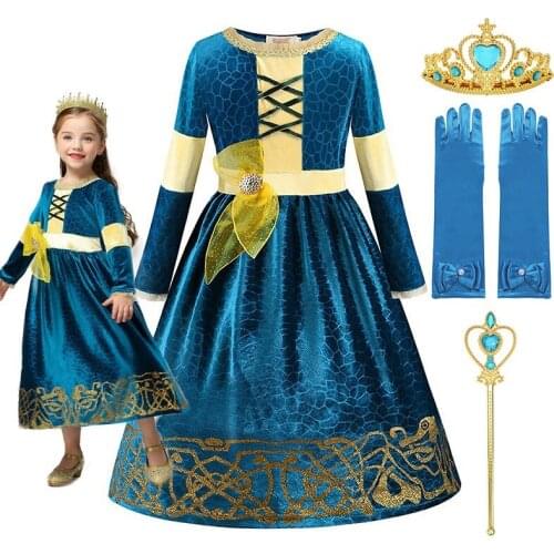 Girls Merida Princess Dress Up Costume Brave Deluxe Halloween Fancy Dark Green Frocks Child Pageant Birthday Party Cosplay Dress