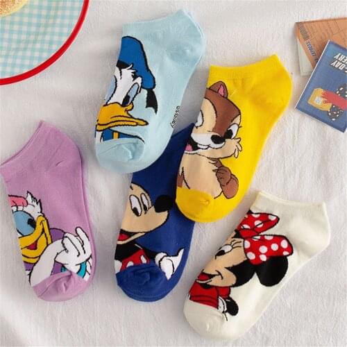 5 Pairs Disney Women Girls Socks Mickey Minnie Cotton Fashion Cute Ankle Low Anime Donald Daisy Duck Summer Chipmunks Chip Sock