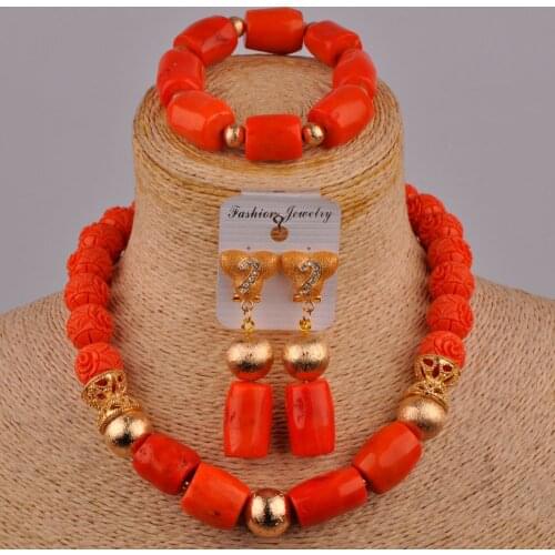 Orange African Wedding Beads Nigerian Coral Jewelry Set 2-03B3