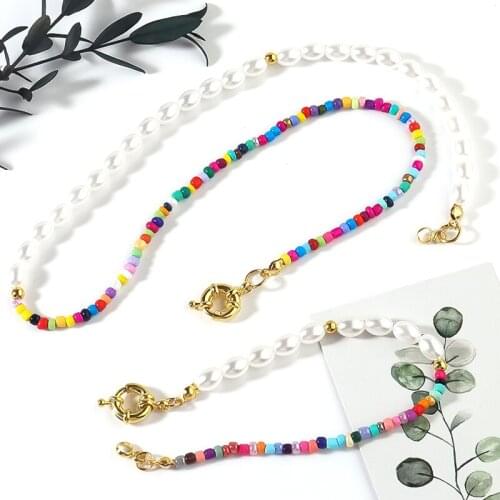 Bohemian Style Necklaces for Women Pearl Bracelet Necklace Set Hand-made Rice Beads Chain 45cm Dress Collocation