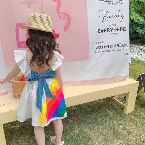 Girls Dress Baby Girls Rainbow Stripe Backless Princess Dress Summer Vestidos 2-7 Years White Kids Clothes Little Girls Toddler