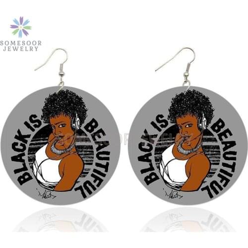SOMESOOR Black Is Beautiful AFRO Art Printed Wooden Drop Earrings Cool Girl Melanin Curls Hair Designs Dangle For Women Gifts