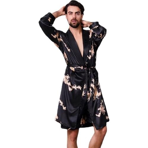 Spring and Autumn New Single Long Sleeve Nightgown Mens Bathrobe Silk Pajamas Mens Long Dragon Robe Home Wear