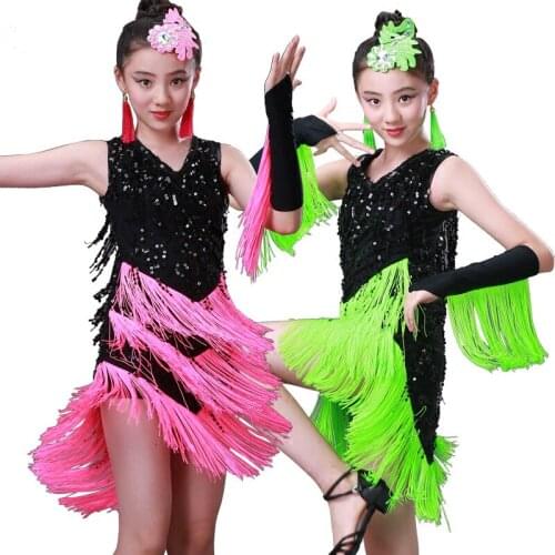 Modern Fringed Latin Dance Costumes Girls Green /Rose Red Ballroom/Tango/Rumba/Salsa Dance Dress Competition Stage Performance
