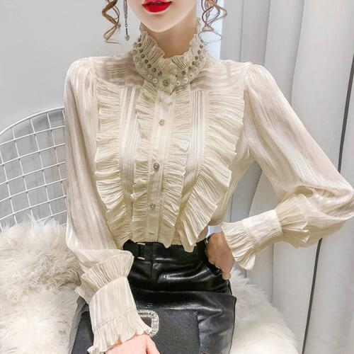 Pearl Beading Stylish Blouse Women Royal Court Palace Shirt High Neck Frilly Ruffle Cuffs Tuxedo Shirt Medieval Victorian Blouse