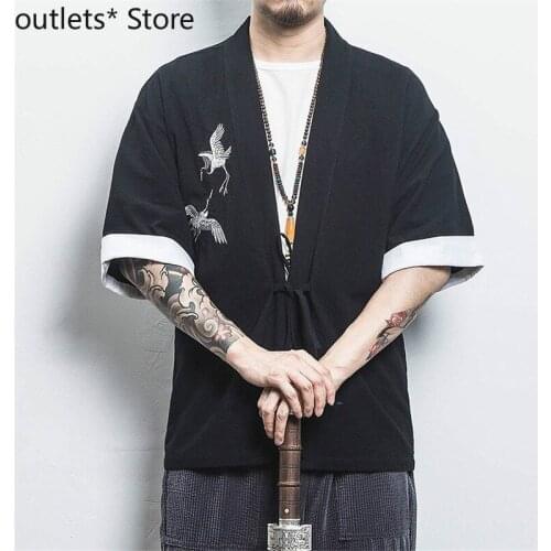 Japanese Style Kimono Cardigan Emboridery Crane Dragon Yukata Haori Men Samurai Costume Coat Linen Vintage Party Streetwear