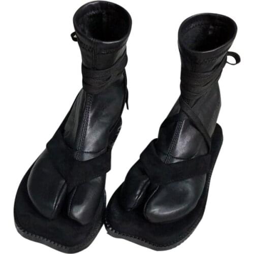 2021 New Autumn Fashion Split Toe Boots Women Chunky Round High Heels Women Leather Botas Mujer Brand Design Winter Shoes Women