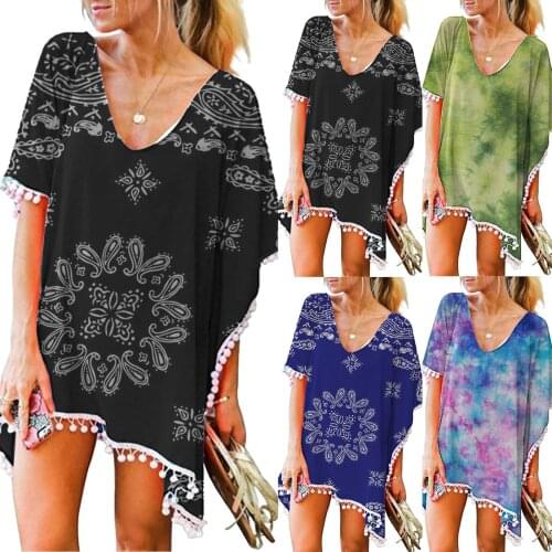 Womens Swimwear Beach Dress Trim Kaftan Chiffon Tassels Swimsuit Beach Cover Ups Loose Bikini Cover Up Tops Bathing Suit Smock