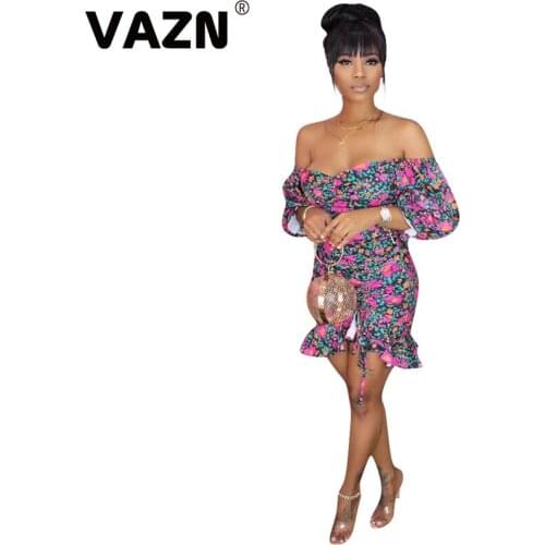 VAZN 2020 Summer Hot Plus Size Print Sexy Sweet Young Fashion Strapless Half Sleeve High Waist Women Mermaid Mini Dress