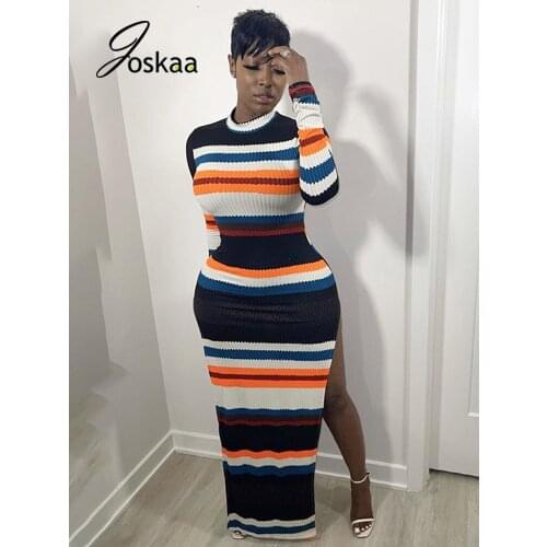 Joskaa Ribbed Stripe Printed Full Sleeve Bodycon Dress Women Sexy High Split Maxi Dress Autumn 2021 Elegant Party Clubwear