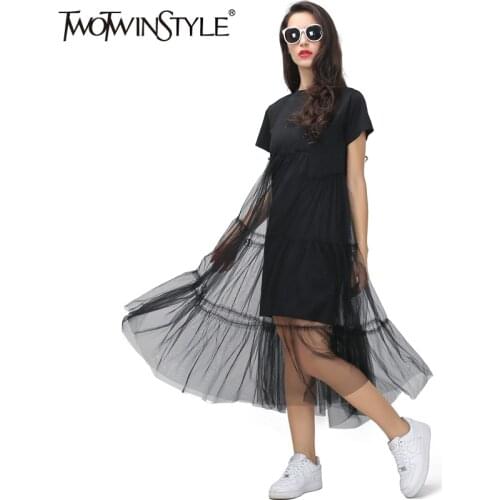 TWOTWINSTYLE Summer Korean Splicing Pleated Tulle T shirt Dress Women Big Size Black Gray Color Clothes New Fashion 2020