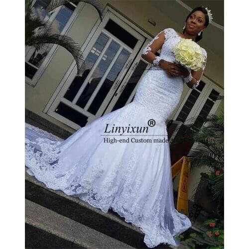 New Africa Mermaid Wedding Dresses Long Sleeve Tulle Lace Beading Luxury Elegant Bridal Wedding Gowns Plus Size vestido de noiva