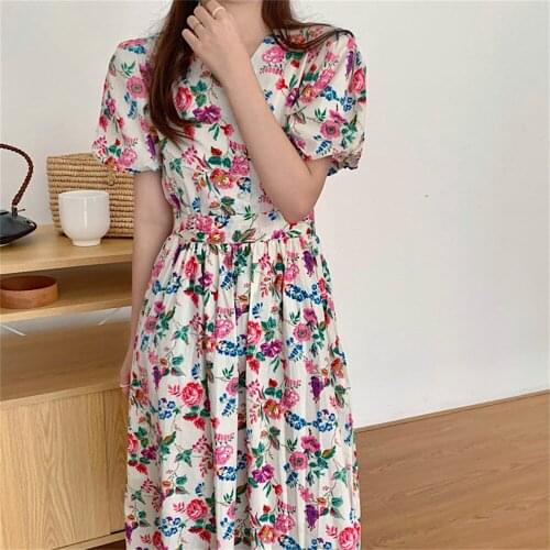 Alien Kitty 2021 Plus Size OL Florals Chic V-Neck Loose Dress Printed A-Line New Slim Hot Party Wedding Vintage Robe Femme Prom