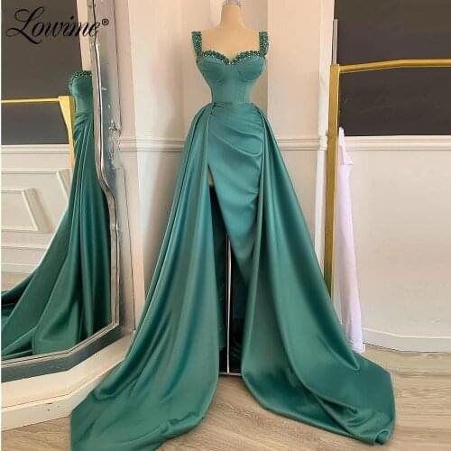 2021 Long Satin Dubai Evening Dresses For Women Abendkleider Beaded Prom Party Dress Robe De Soiree Plus Size Evening Wear