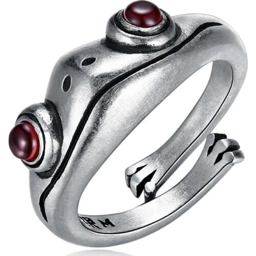 925 Sterling Silver Ring Frog Retro Personality Creative Animal Unisex Red Garnet Frog Open Adjustable Rings Fine Jewelry