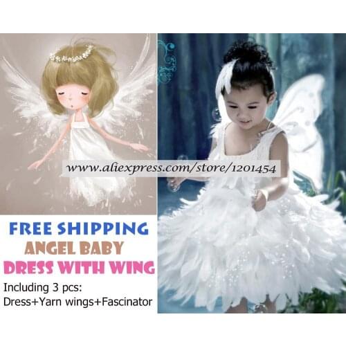 White Childrens Christmas Costumes Beautiful Angel Wing Feather Princess Dresses for girl including Derss+Yarn wings+Fascinator