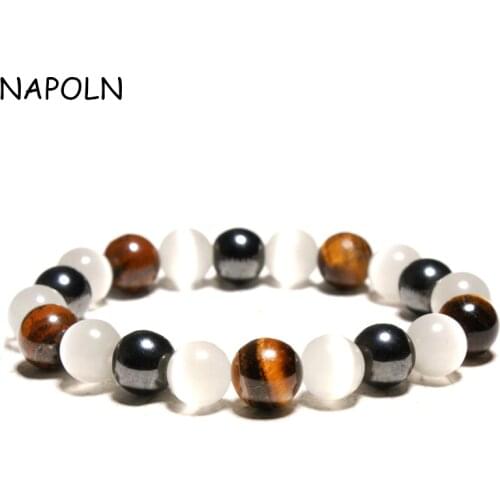 NAPOLN 10MM Tiger Eye & Hematite & Opal Bracelet Men Brand Luxury Women Bracelet Fashion Yoga Mala Beads Bracelet Dropshipping