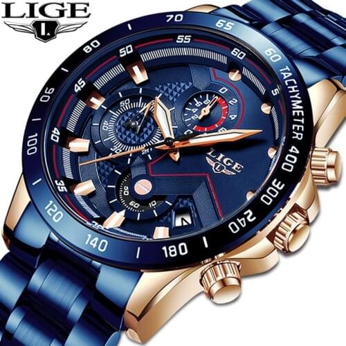 LIGE 2021 New Fashion Mens Watches with Stainless Steel Top Brand Luxury Sports Chronograph Quartz Watch Men Relogio Masculino