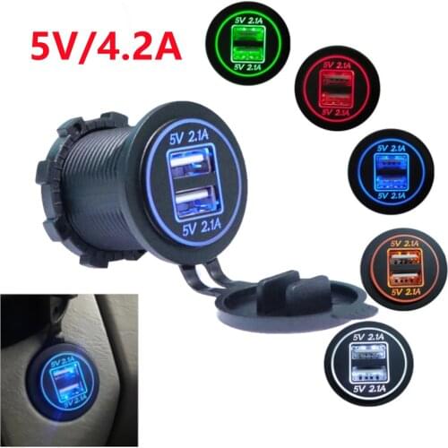 Dual USB Charger Socket 5V 4.2A 2.1A Fast Charging Power Outlet Adapter 2 LED Ring for 12V 24V Car Motorcycle Truck ATV Boat RV