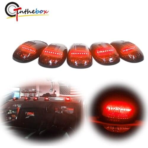Gtinthebox 5pcs Smoked Lens Cab Roof Clearance Marker Lamps with Red Full Strip LED Lights For Chevy Dodge Ford GMC Trucks 12V
