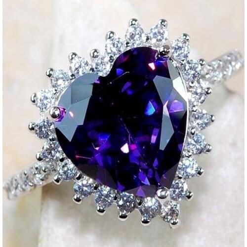 Hot Sale Romantic Heart Purple Crystal Rings For Women Engagement Wedding Ring For Fashion Jewelry Accessories Sale Size 6-10