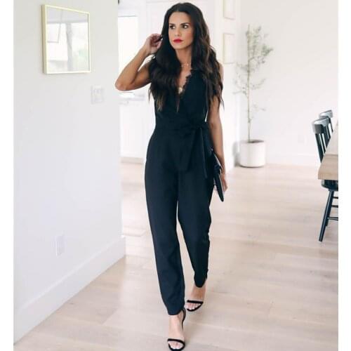 Sofu Summer New Women Jumpsuit Fashion Lace Sleeveless Casual V-neck Pocket Women Rompers Black Jumpsuits Female Pants Bodysuits