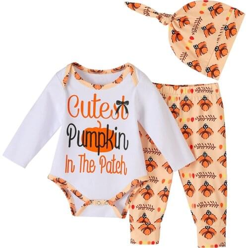3Pcs Cute Newborn Baby Girls Halloween Clothes Letter Print Romper+Cartoon Pumpkin Print Pants+Hat Set