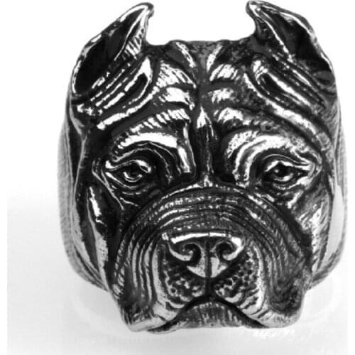 Mens Boy Punk Pitbull Bulldog Animal Silver color 316L Stainless Steel Ring