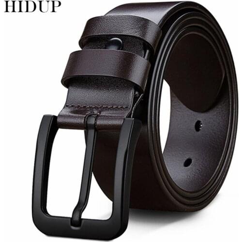 HIDUP Top Quality Design Cowhide Leather Men Cow Genuine Leather Belts Real Cowhide Black Pin Buckle Metal Belt Jeans NWJ652