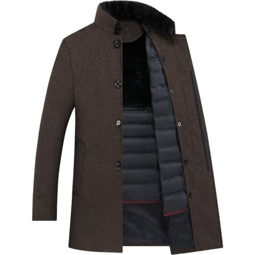 Mens Trench Coat Long Overcoat Men England Style Wool Coat Men Thick Detachable Duck Down Liner Woolen Coat Mens Winter Warm