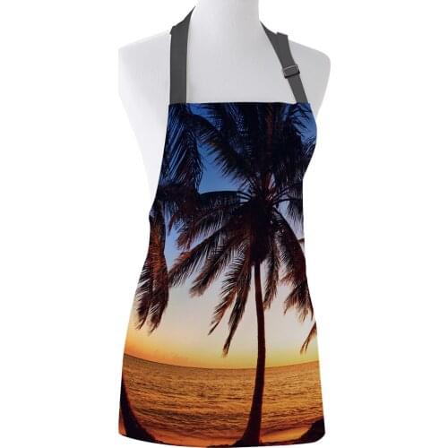 Sunset Coconut Palm Beach Printed Kitchen Aprons Durable Comfortable Cleaning Tool Female Couples Housewife Cooking Baking Bib
