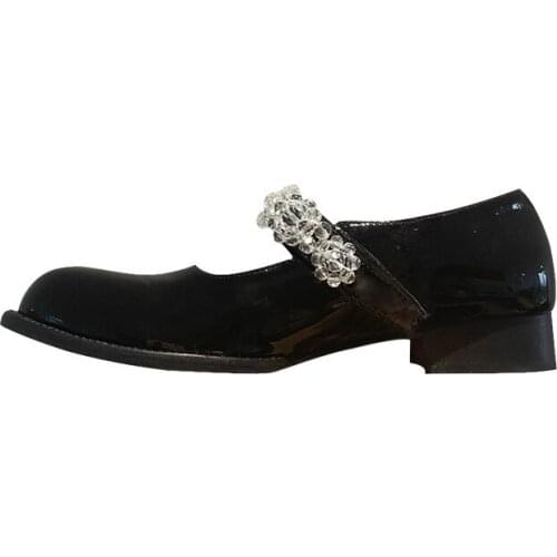 Black Patent Leather Womens Mary Janes Shoes 2021 Clear Crystals Ladies Elegant Flats British Style Vintage Slip On Loafers