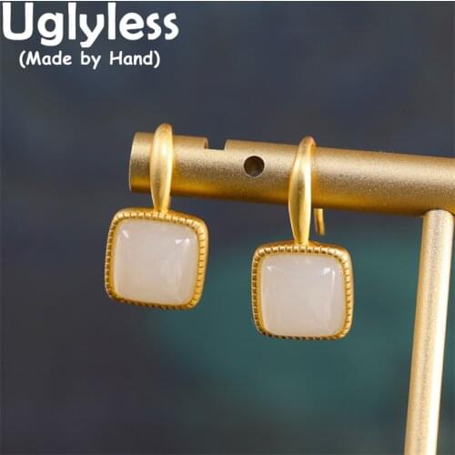 Uglyless Minimalism Natural Hotan Jade Square Earrings for Women Simple Fashion Geometric Studs Earrings 925 Silver Jewelry Gold