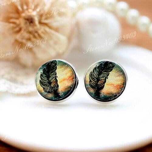 Unique 3D Feather Embossed 16mm Round Coloured Drawing pattern Laser Cut wood Cabochon DIY for Rings, Earring,Brooch,Necklace