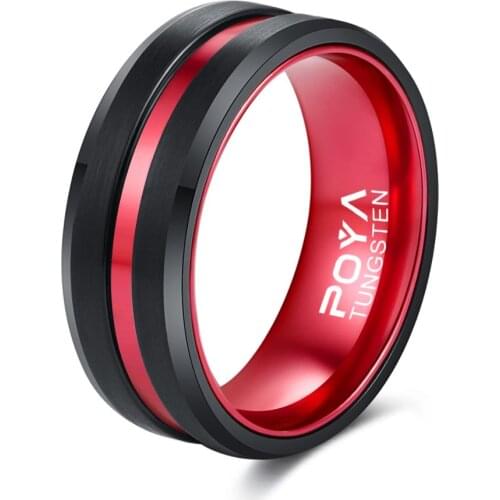 POYA TUNGSTEN Ring for Men Women 8 mm Black Plated Wedding Band Red Aluminum Liner Comfort Fit