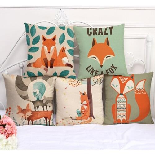 45*45cm Funny Retro Fox Owl Raccoon Elk Pillowcase Cute Cartoon Animal Sofa Seat Cushion Lumbar Support(Without pillow)