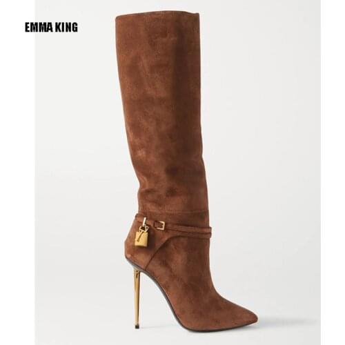 Women Fashion Knee High Boots Lady Gold Thin High Heel Long Boots Sexy Golden lock decor Point toe High Heels Shoes Women 2020