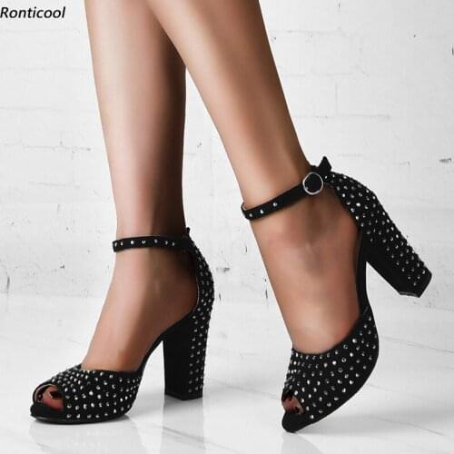 Ronticool Handmade Women Summer Sandals Ankle Strap Suede Studs Block Heels Peep Toe Elegant Black Dress Shoes US Size 5-15