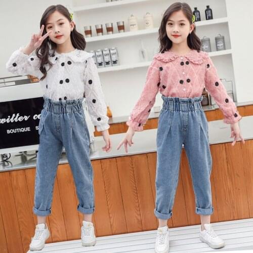 IENENS Girl Clothes Sets Dot Blouses + Jeans Fit 4-13 Years Kids Cotton Clothing Spring/Fall Child Casual Outfits Cute Suits