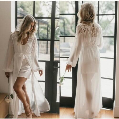 White Bridal Robe Nightgown Night Dress Lace Belt Long Sleeves Sleepwear Nightdress Women Nightwear Bridal Boudoir Dress