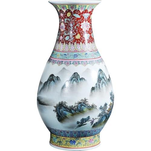 Jingdezhen Antique Ceramics Craft Collection Decoration Old Factory Porcelain Pastel Landscape Yu Hu Chun Vase Living Room