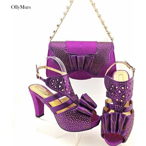 Luxury Crystal Decoration Strang Heels Shoes And Bags Set PU Leather Italian Woman Shoes And Bags Set For Party Dress On Stock