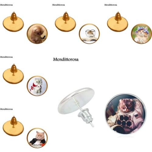 Mendittorosa Cute Small Cat Glass Cabochon Anime Jewelry With Bronze/Silver/Golden Clip Ear Hook Stud Earrings