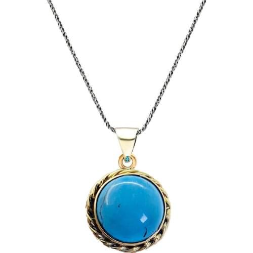 Midyat Silve Round Firüze Stone Wrap Silver Women Necklace