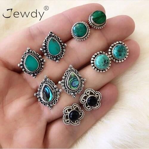5 Pairs/Set Vintage Black Green Stone Earrings Set for Woman Crystal Silver Color Geometric Stud Earring Jewelry Boucle Brincos